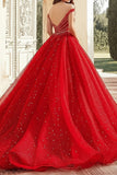 Red Ball Gown Off the Shoulder Tulle Applique Quinceanera Dress