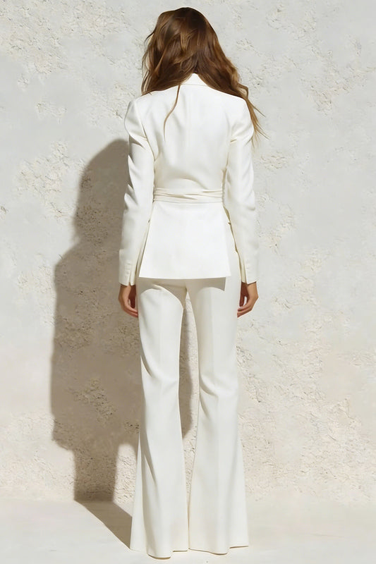 White 2 Piece Notched Lapel Ruched Business Suits with Sash
