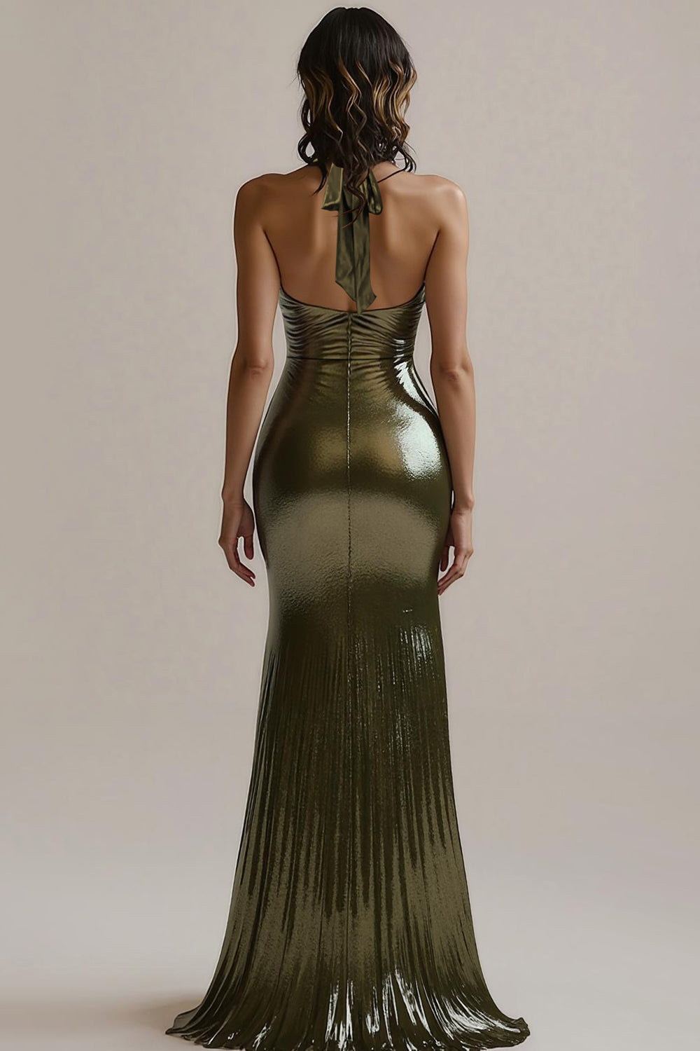 Olive Metallic Mermaid Long Ruched Evening Dress with Slit