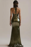 Olive Metallic Mermaid Long Ruched Evening Dress with Slit