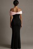 Black and Pink Satin Off the Shoulder Sheath Long Evening Dress