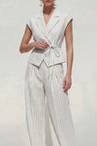 White Cap Sleeves 2 Piece Notched Lapel Striped Business Suits with Pockets
