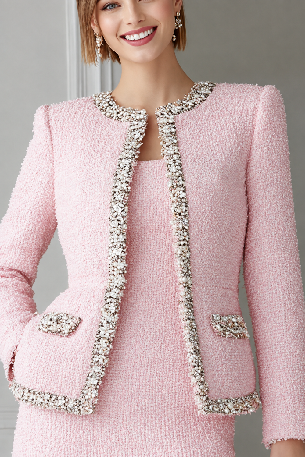 Sparkly Pink Tweed 2 Piece Pencil Short Homecoming Outfits with Pockets