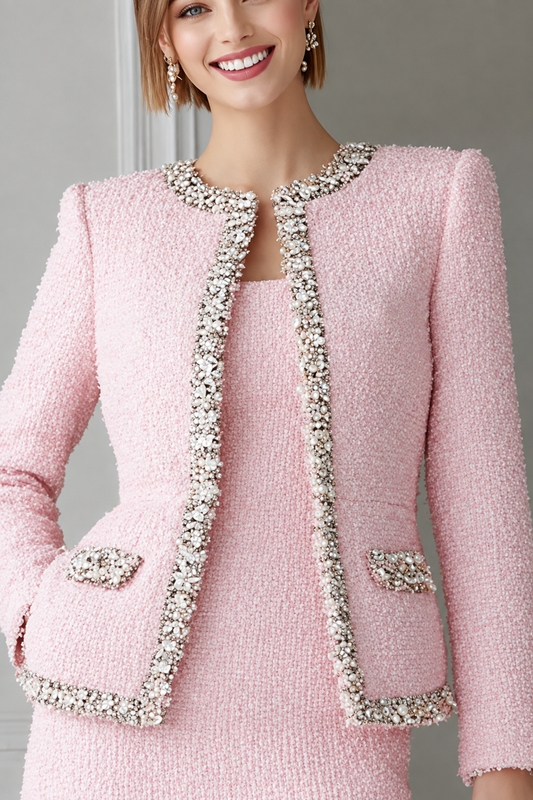Sparkly Pink Tweed 2 Piece Pencil Short Homecoming Outfits with Pockets