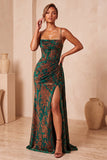 Dark Green Corset Velvet Floral Long Wedding Guest Dress with Side Cape
