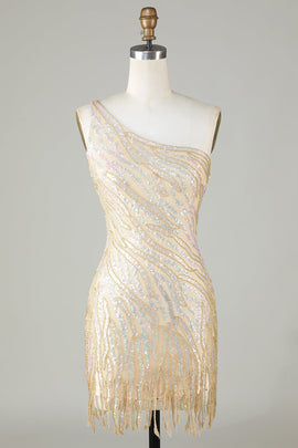 Sheath One Shoulder Golden Sequins Short Homecoming Dress with Tassel