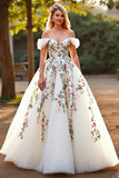 Floral Tulle Ball Gown White Sweep Train Wedding Dress