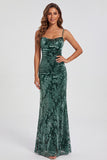 Dark Green Sheath Velvet Spaghetti Straps Long Bridesmaid Dress