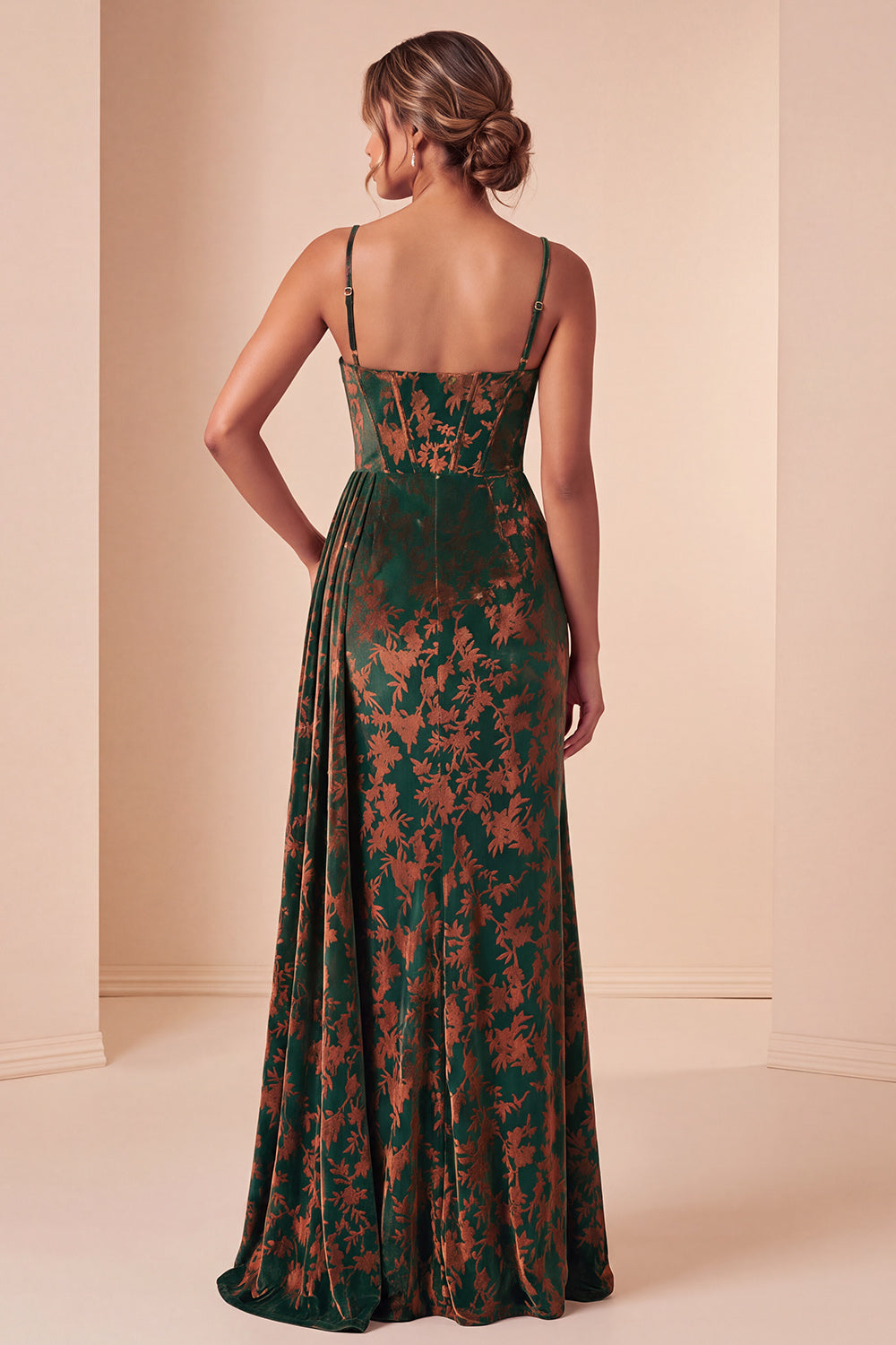 Dark Green Corset Velvet Floral Long Wedding Guest Dress with Side Cape