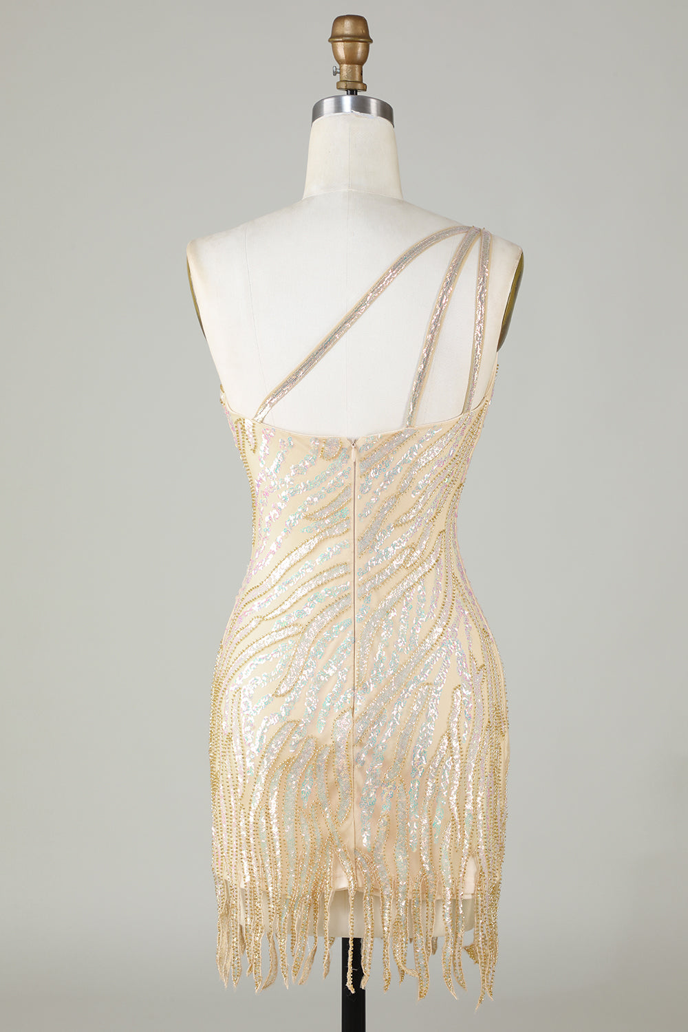 Sheath One Shoulder Golden Sequins Short Homecoming Dress with Tassel