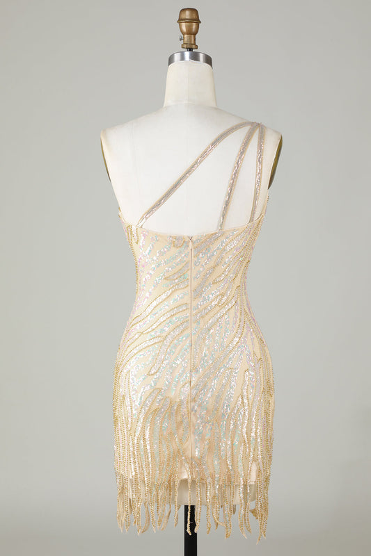 Sheath One Shoulder Golden Sequins Short Homecoming Dress with Tassel