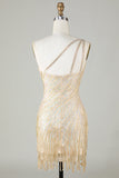 Sheath One Shoulder Golden Sequins Short Homecoming Dress with Tassel