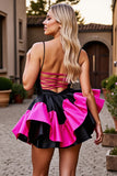 Black and Fuchsia Satin A Line Tiered Short Homecoming Dress with Ruffles