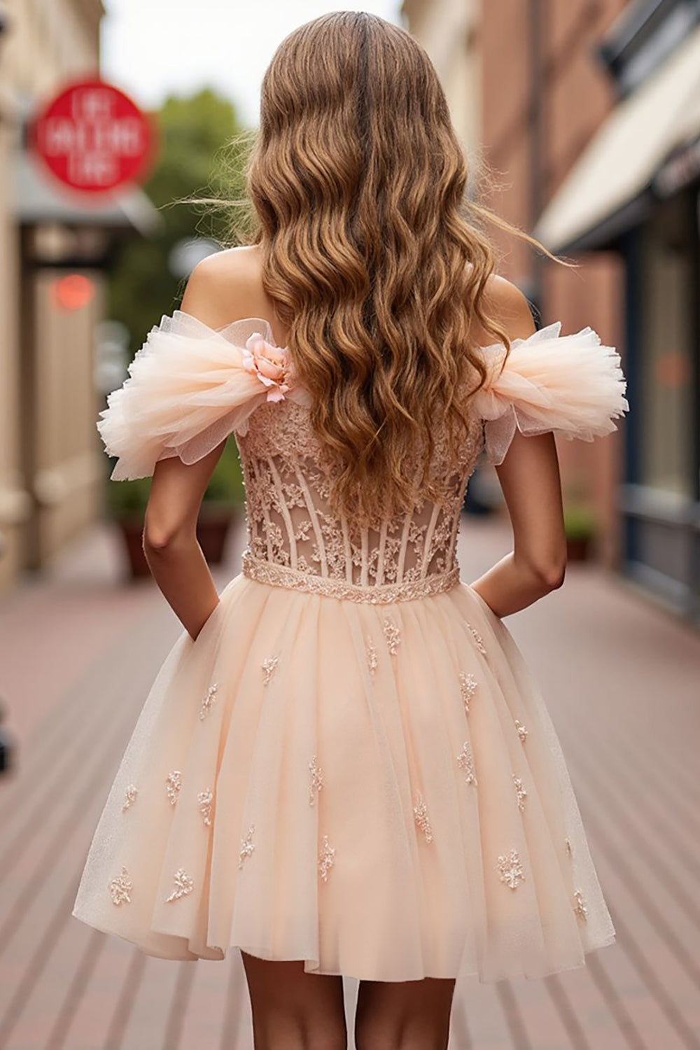 Champagne Floral Corset Short Ruffled Homecoming Dress with Lace