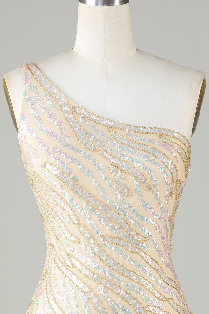 Sheath One Shoulder Silver Sequins Short Homecoming Dress with Tassel