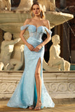 Sparkly Blue Mermaid Off the Shoulder Long Corset Prom Dress with Slit
