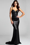 Black Mermaid Sequins Lace-Up Back Back Long Black Tie Dress