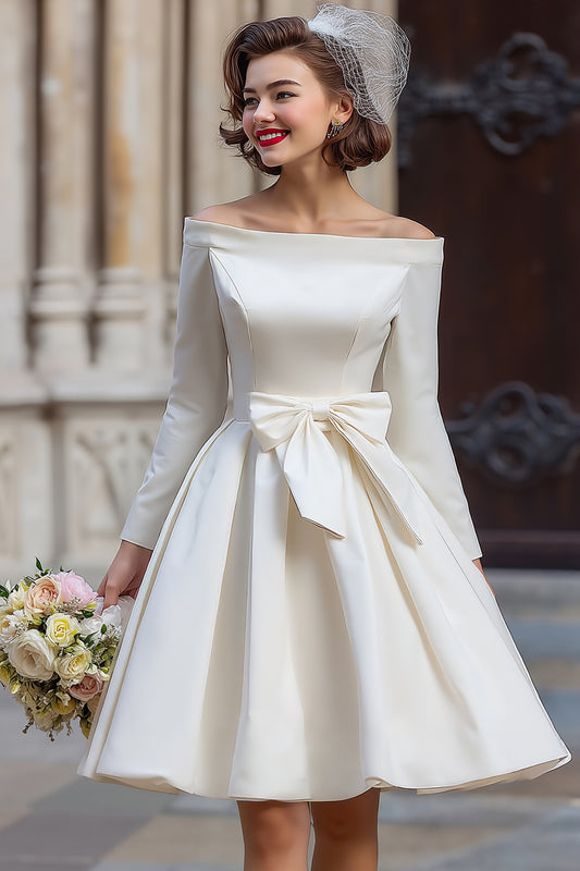 White A Line Off the Shoulder Short Wedding Dress with Bow