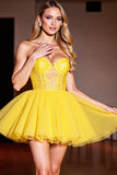 Yellow Tulle Sweetheart Corset Short Homecoming Dress with Lace