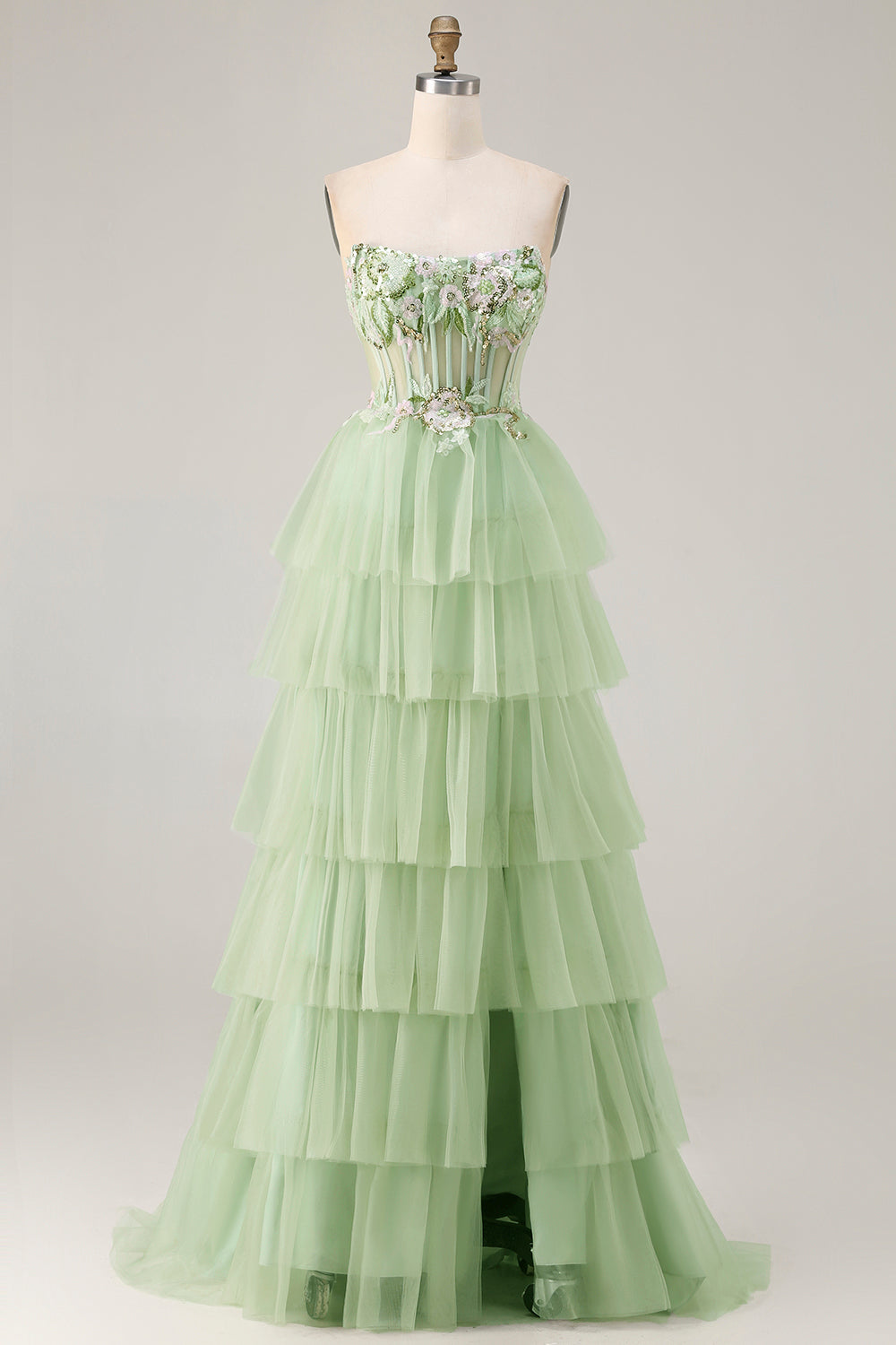Sparkly Floral Green Beaded Long Corset Prom Dress with Ruffles