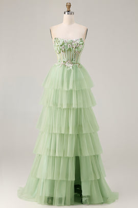 Sparkly Floral Green Beaded Long Corset Prom Dress with Ruffles