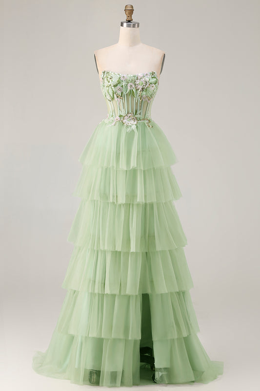 Sparkly Floral Green Beaded Long Corset Prom Dress with Ruffles