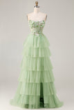 Sparkly Floral Green Beaded Long Corset Prom Dress with Ruffles
