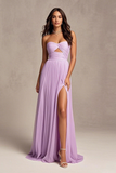 Lavender A-Line Strapless Pleated Floor-Length Prom Dress With Slit