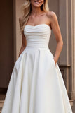 Ivory Strapless A Line Satin Ruched Wedding Dress