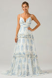 Green Tulle A Line Spaghetti Straps Long Bridesmaid Dress with Ruffles