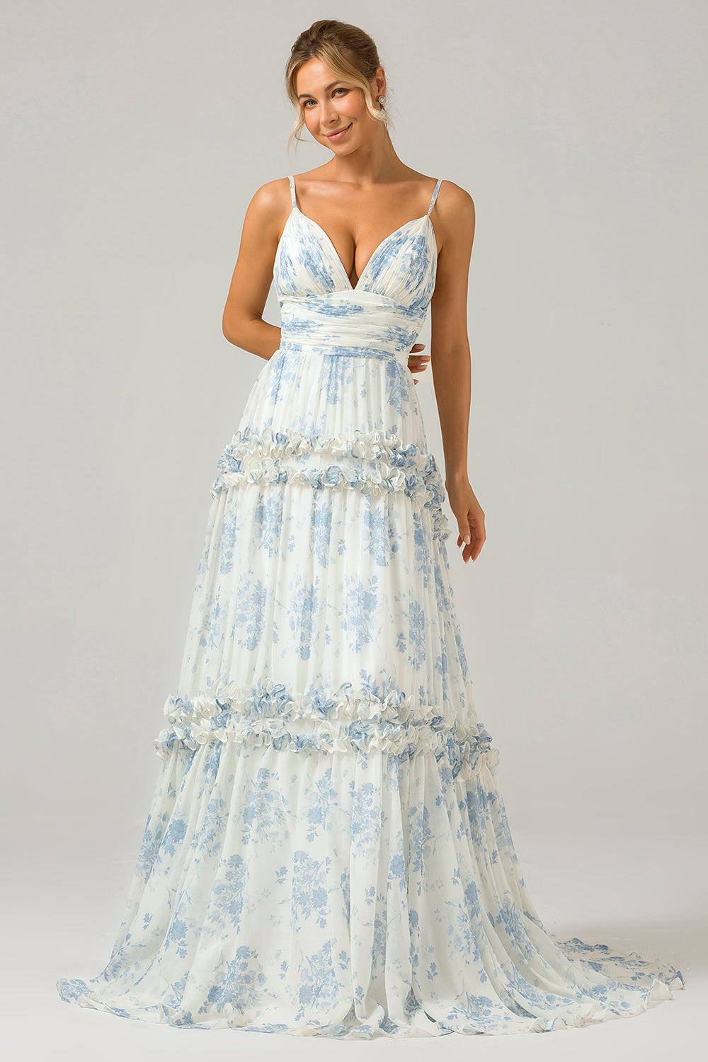 Zapakasa Women White Blue Flower Bridesmaid Dress A Line Spaghetti
