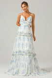 Green Tulle A Line Spaghetti Straps Long Bridesmaid Dress with Ruffles