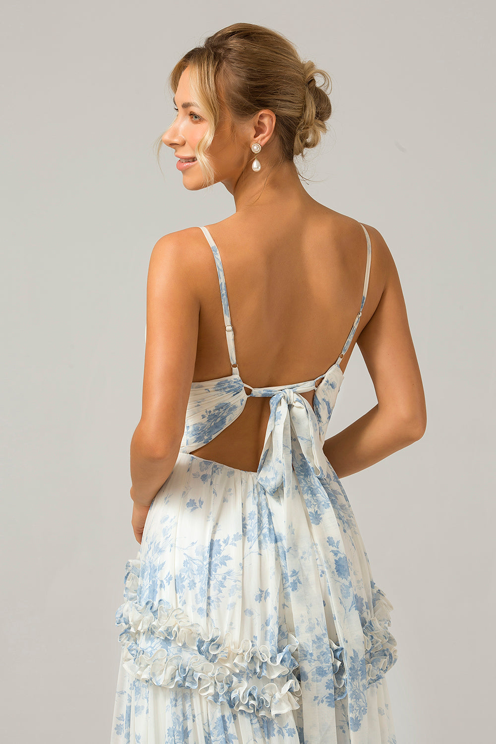 Zapakasa Women White Blue Flower Bridesmaid Dress A Line Spaghetti