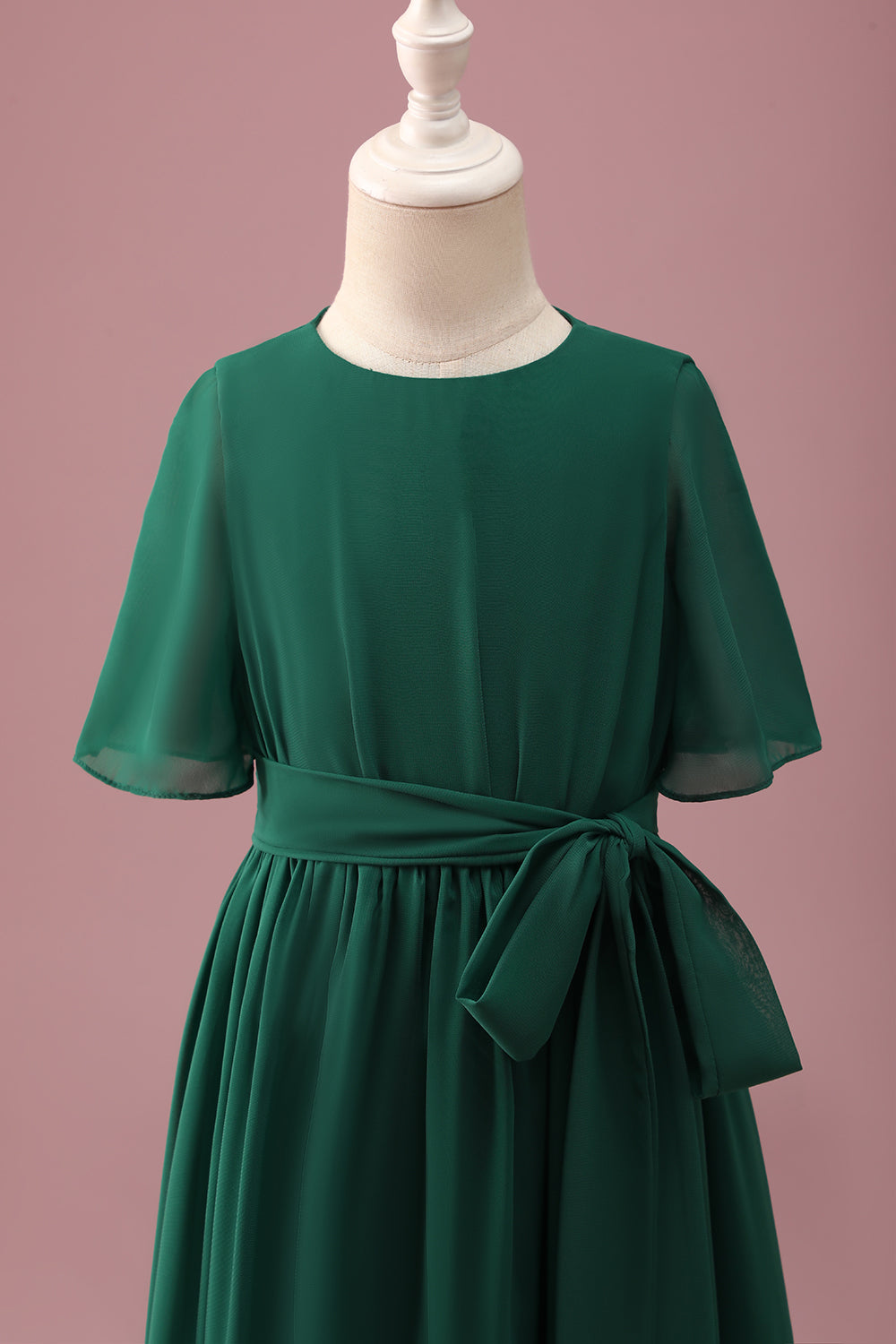 Green High-Low Junior Bridesmaid Dress with Short Sleeves