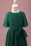 Green High-Low Junior Bridesmaid Dress with Short Sleeves
