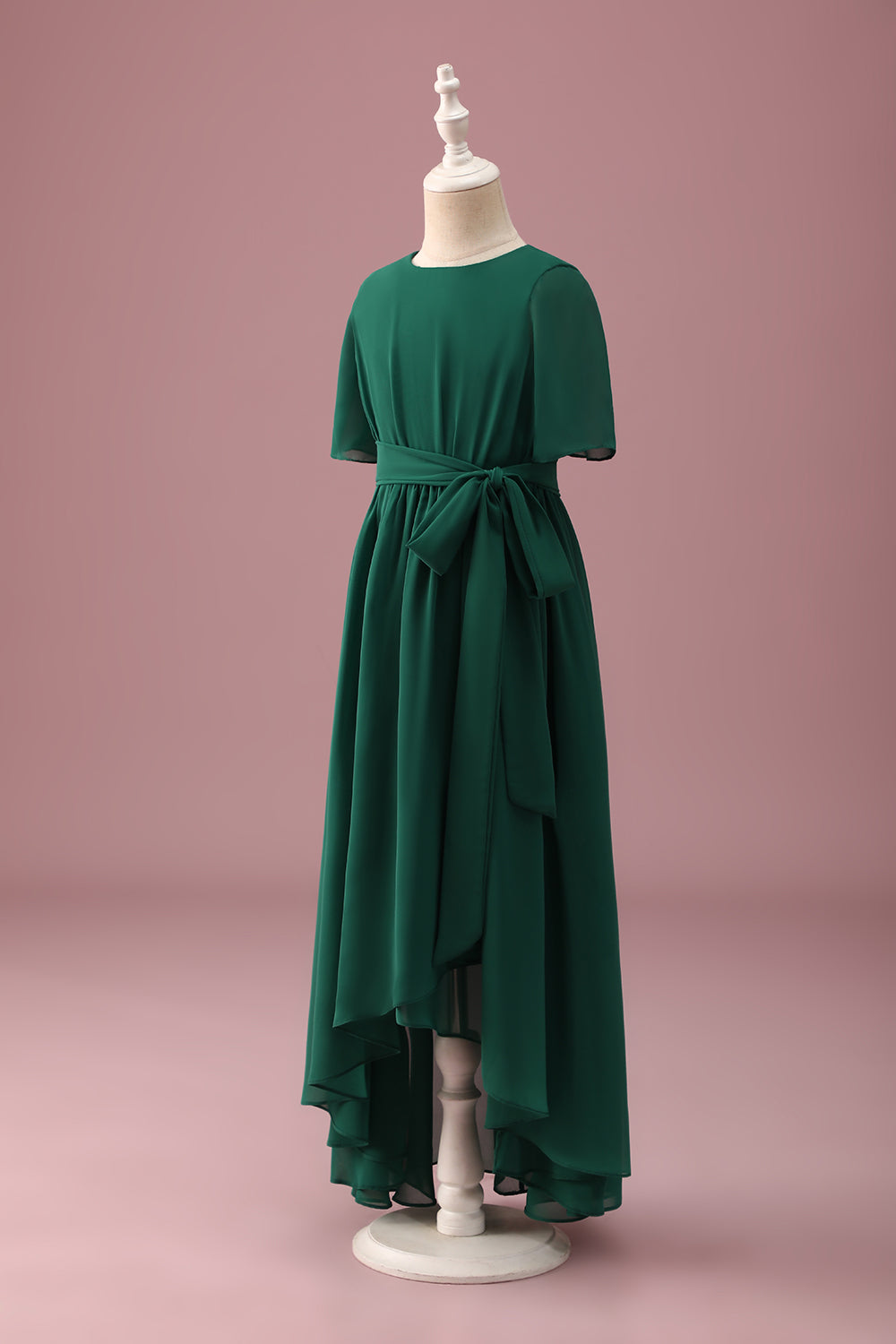 Green High-Low Junior Bridesmaid Dress with Short Sleeves