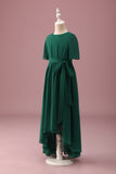 Green High-Low Junior Bridesmaid Dress with Short Sleeves
