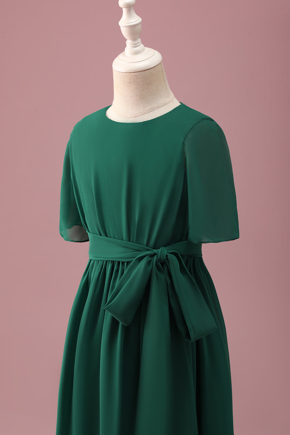 Green High-Low Junior Bridesmaid Dress with Short Sleeves