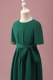 Green High-Low Junior Bridesmaid Dress with Short Sleeves