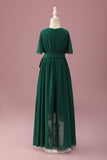 Green High-Low Junior Bridesmaid Dress with Short Sleeves