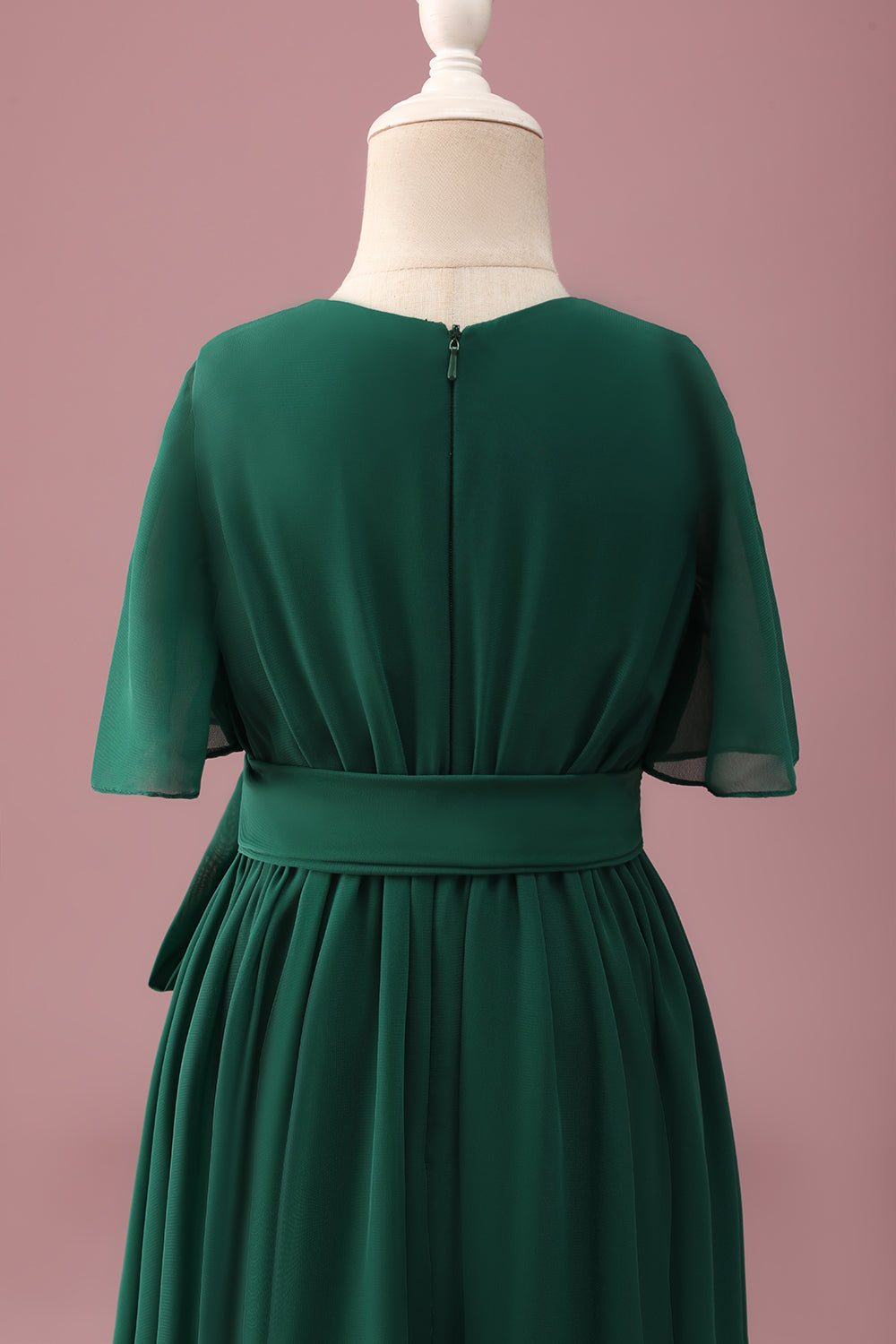 Green High-Low Junior Bridesmaid Dress with Short Sleeves