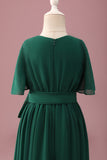 Green High-Low Junior Bridesmaid Dress with Short Sleeves