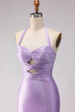 Lilac Satin Mermaid Halter Beaded Long Prom Dress with Slit