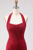 Sparkly Dark Red Beaded Mermaid Halter Long Prom Dress with Slit