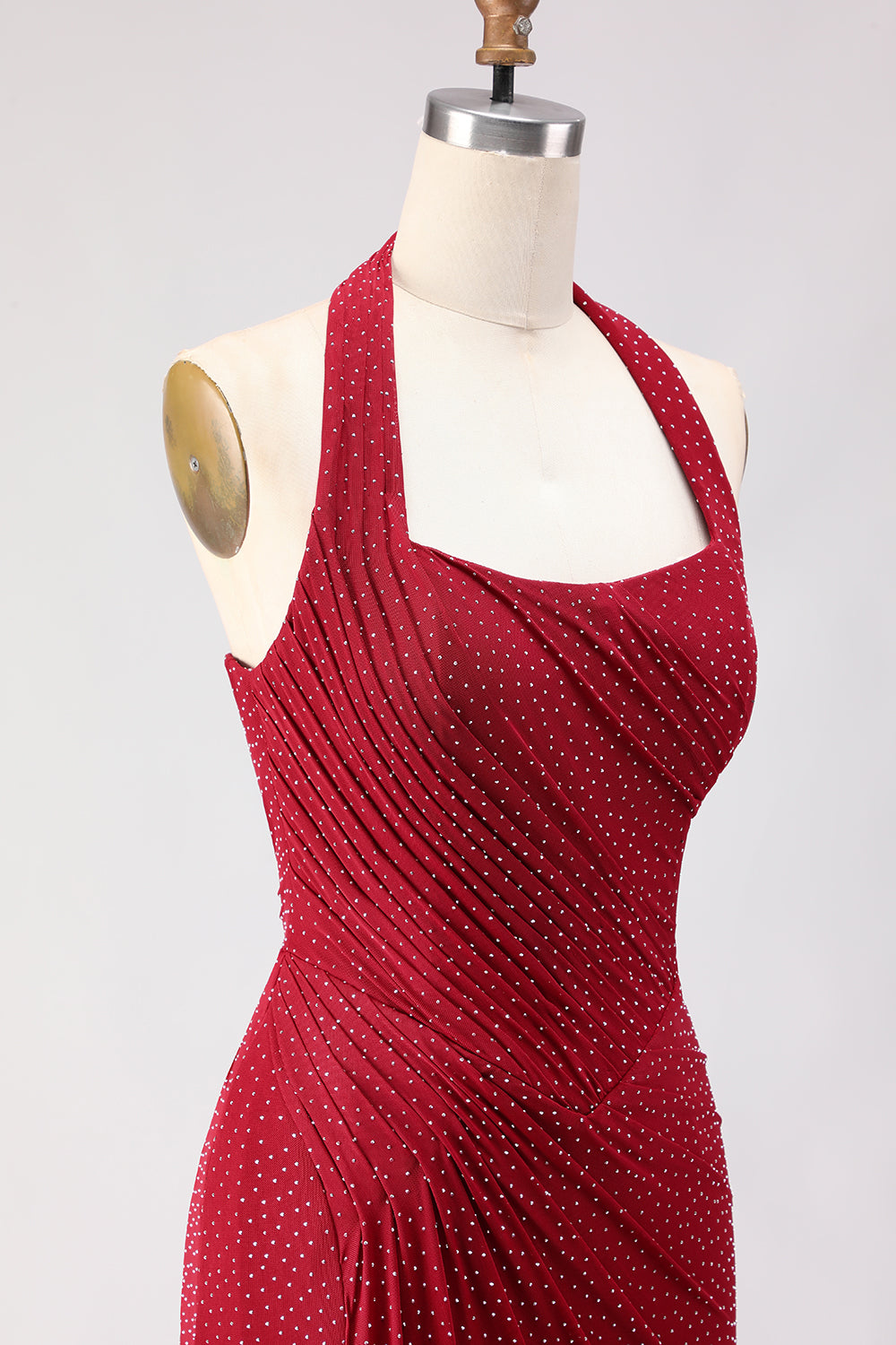 Sparkly Dark Red Beaded Mermaid Halter Long Prom Dress with Slit