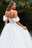 Tulle White Ball Gown Sweep Train Wedding Dress with Appliques