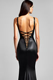 Black Mermaid Sequins Lace-Up Back Back Long Black Tie Dress