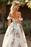 Tulle Floral A Line White Sweep Train Wedding Dress