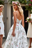 Floral White Satin A Line Sweep Train Wedding Dress