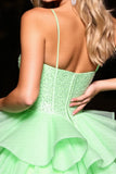 Sparkly Green Tulle Ruffled Corset Short Homecoming Dress with Beading